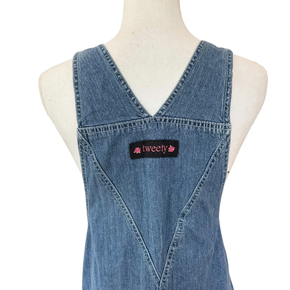 Warner Bros Studio Tweety Bird Rose Embroidered Denim Overall Maxi Dress XS NWT - Picture 9 of 10